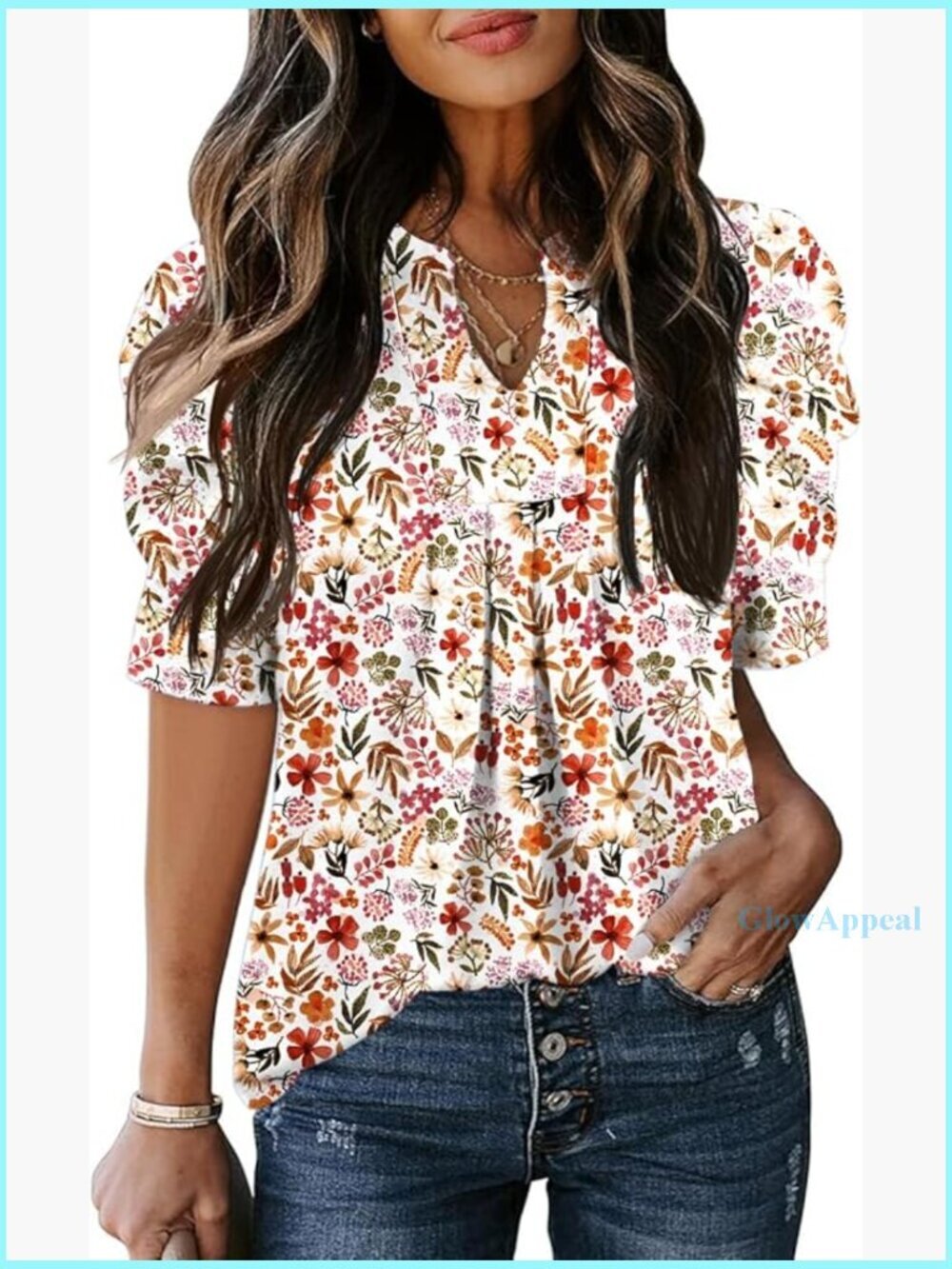 Puff Sleeve V-Neck Blouse Loose Fit Summer Top Casual Office Wear